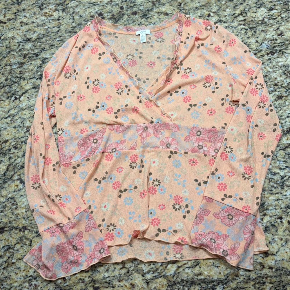 J. Jill Floral Mesh Top Large Peach Long Y2K V-Neck Empire Waist Lettuce v